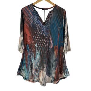 Azalea by Firmiana Paintbrush Tunic Top Women XL Teal Red Artsy Dots Lagenlook